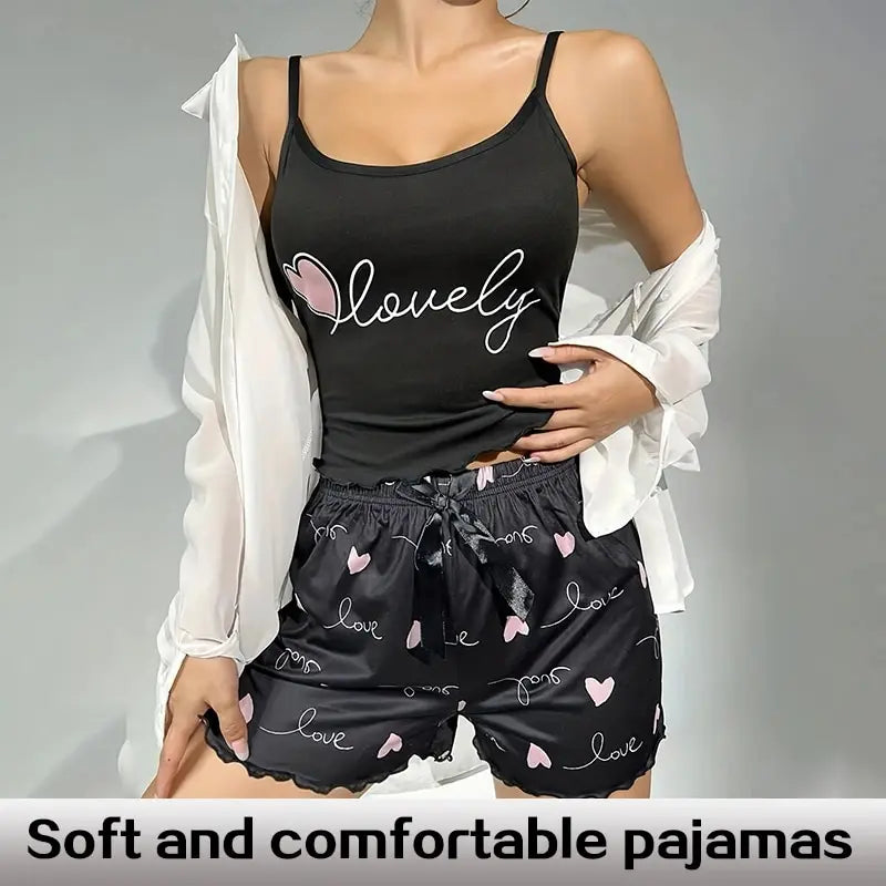 Summer Two-Piece Women's Camisole Printed Heart Pajama Set