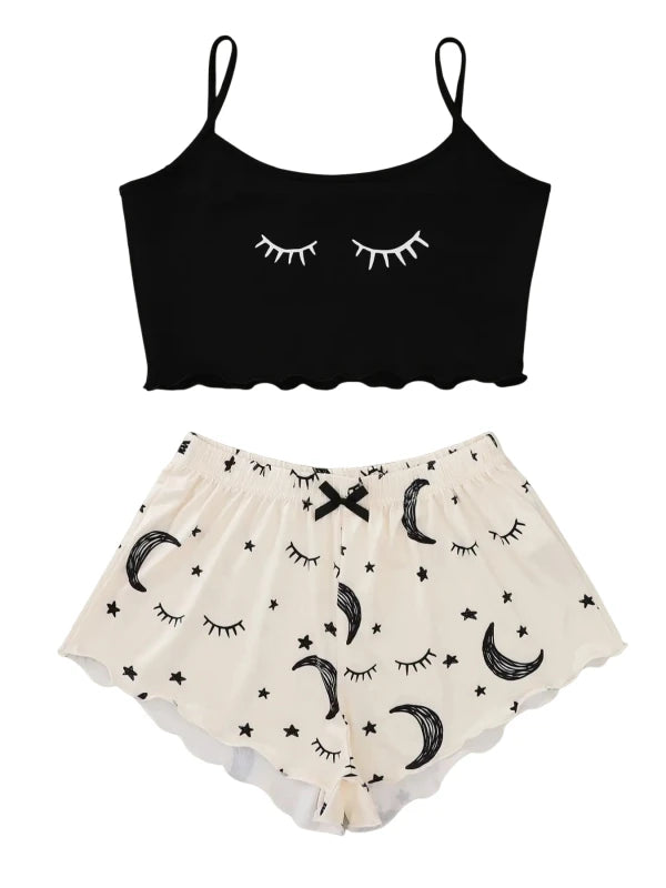 Women's 2pcs Moon Star Eyelash Print Pajama Set