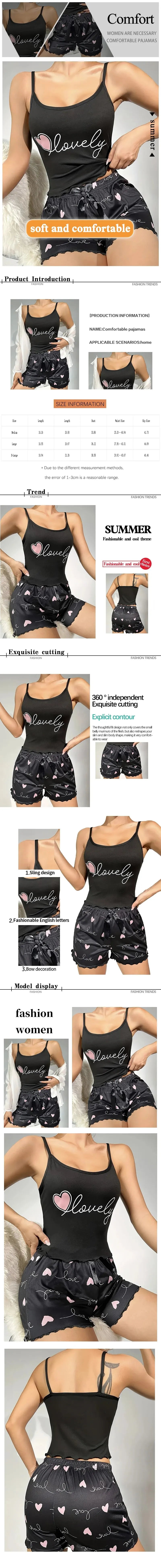 Summer Two-Piece Women's Camisole Printed Heart Pajama Set