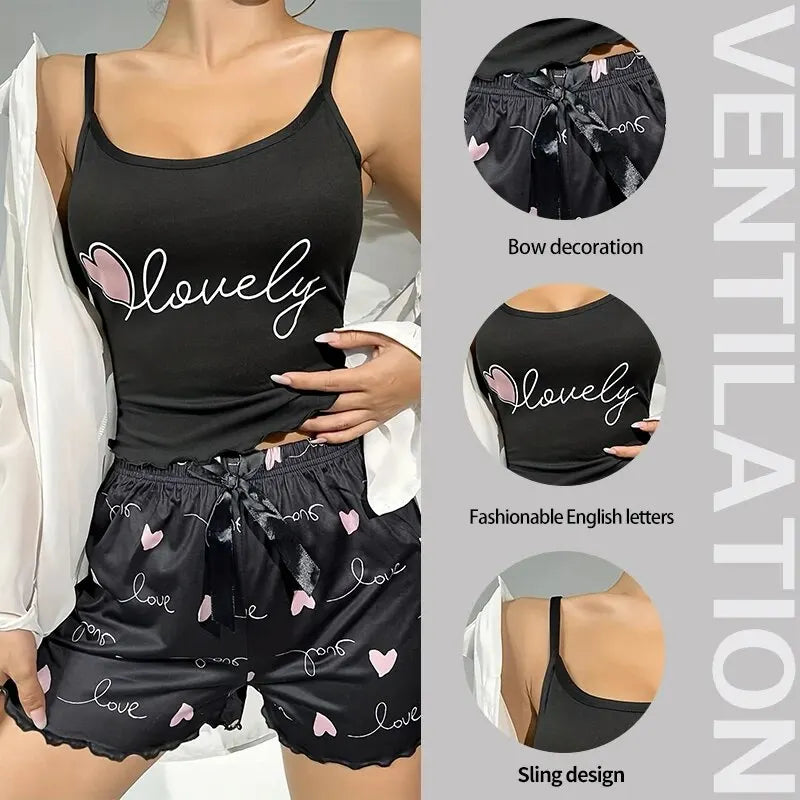 Summer Two-Piece Women's Camisole Printed Heart Pajama Set
