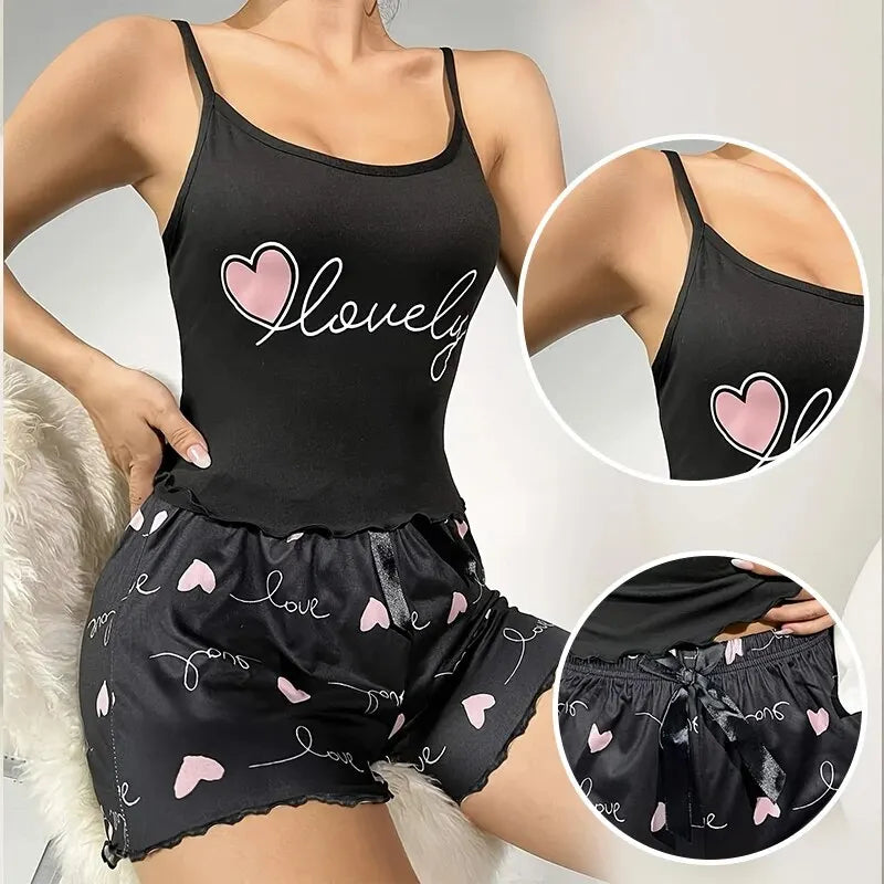 Summer Two-Piece Women's Camisole Printed Heart Pajama Set