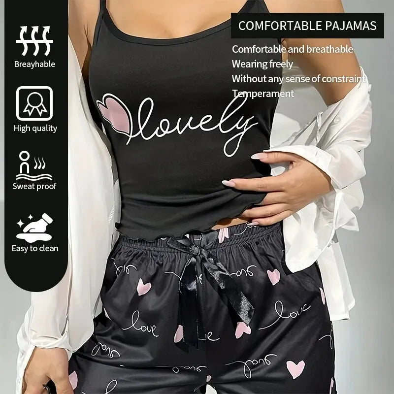 Summer Two-Piece Women's Camisole Printed Heart Pajama Set