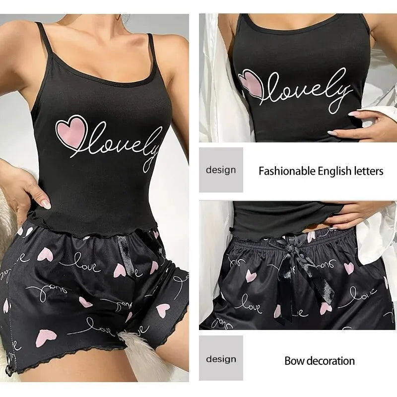 Summer Two-Piece Women's Camisole Printed Heart Pajama Set